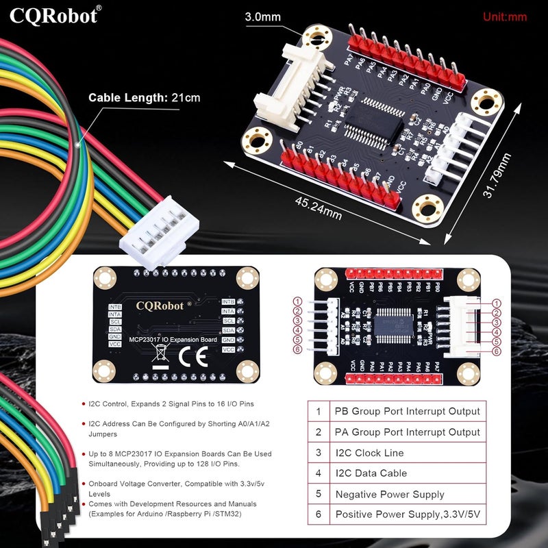 CQRobot MCP23017 IO Expansion Board Compatible with Raspberry Pi/Micro:bit/Arduino/STM32. I2C Interface Control, 2 Signal Pins Increase to 16 Input/Output Pins, Supports UP to 8 Simultaneous Uses. - Image 3